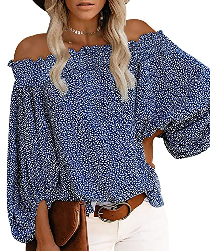 Peuignao Blouse Épaules Dénudées Femme Chic Et Élégant Bleu L Manche Longue Chemisier Fleuri Femme Grande Taille