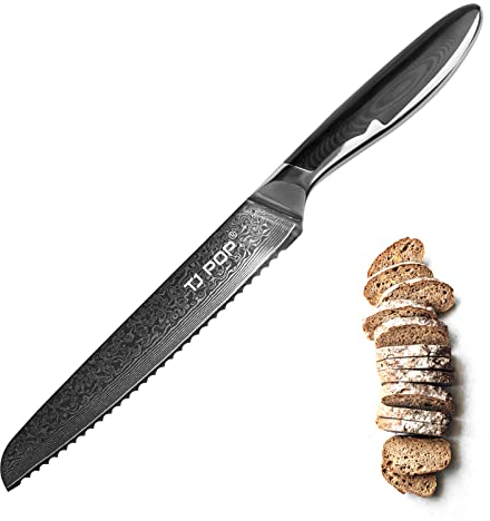 Cuchillo de Pan de Damasco, TJ POP 8 Cuchillo Profesional para Trinchar, Diseño de Colmillo Completo, Hoja de Acero Japonés VG-10, Mango Antideslizante G10