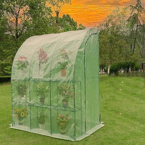 GOCAPTAIN Serre adossée de 2,1 x 1,2 x 2,1 m avec fenêtre enroulable, étagères métalliques à 3 niveaux, serre extérieure de jardin en plastique, maison murale portable avec housse en polyéthylène vert