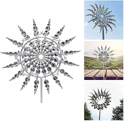JHzood 3D Unique and Magical Metal Windmill Spin, Wind Spinners For Garden, Wind Spinners Stakes Ornaments for Yard, Wind Spinner Windmill, Wind Sculpture Spinner (Silver)