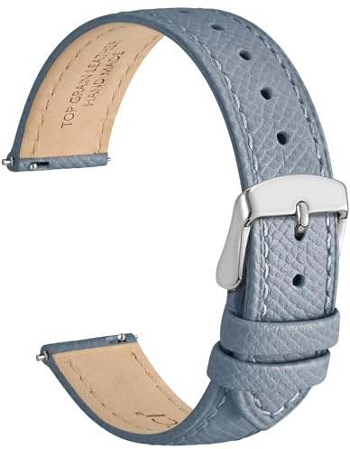 WOCCI 18mm Grace Watch Band for Ladies, Top Grain Leather, Quick Release Replacement Strap with Silver Buckle (Mist Blue)