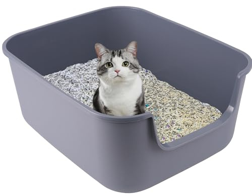 Suhaco High Sided Cat Litter Tray Large Open Top Deep Entry Splash Proof High Sides 49 x 42 x 22 cm Cats Litter Box (Grey)