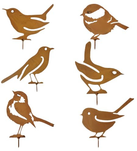 Dzmuero Gartenstecker, 6 Stück Gartendeko Rost, Gartenstecker Rost, Rostige Ornamente für Vögel im Freien, Gartendekorationen aus Eisen, Retro-Handwerkskunst, Tiersilhouette, für Draußen, Garten