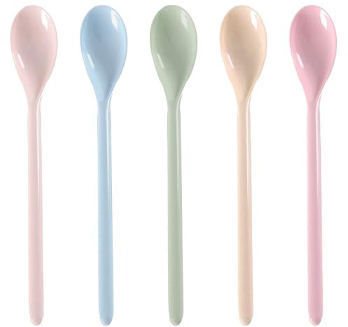 Yuiturt 5 Stück Plastik Löffel Plastiklöffel, Sturzschutz Kinderlöffel, Lang Eierlöffel Wiederverwendbaren Plastiklöffel, für Wohnküche Kaffee Getränke Eier Eis Joghurt
