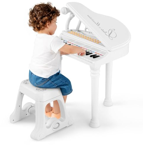 31 Keys Kids Piano and Stool Set, Kids Electronic Keyboard with Microphone, LED Teaching Mode and Record Playback, Toddlers Musical Instrument for Boys Girls 3+ Years Old (White)