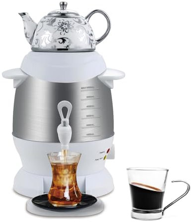 STDZQCWY Tetera turca de Acero Inoxidable de 5 l, Tetera de cerámica de 1 l, Samovar eléctrico de 1800 W con función de Mantenimiento del Calor, para café y té aromático