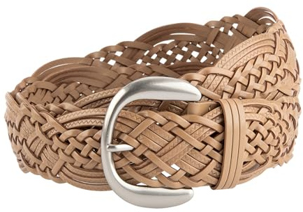 ANNULOYA Women's Wide Braided Leather Belt with Silver Buckle, Hand-Woven Design with Silver Buckle (Khaki, 110cm/Suit 23-41)