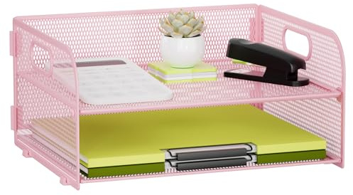 2 Tier Metal Mesh Desk File Organizer, Letter and Paper Tray with Handle, Non-Slip Base for Office School Supplies, Pink