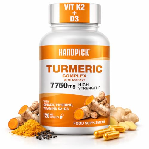 HANDPICK Curcuma Complex 7750 mg (120 gélules | 2 mois d'approvisionnement) - Curcuma haute résistance avec gingembre, cannelle, extrait de curcumine, poivre noir et vitamine K2 + D3-120 capsules