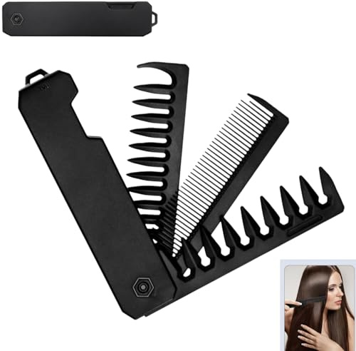 3-in-1 Folding Pocket Comb for Men,Fine & Wide Tooth Travel Hair & Beard Comb,Portable Styling Tool for Grooming Mustache & Hair (Black)