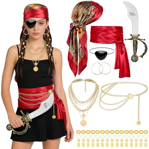 iZoeL 8 Pezzi Accessori Costume Pirata Donna Accessori Medievali da Pirata, Costume Carnevale/Halloween/Cosplay/Ballo in Maschera - Foulard Cintura Catena da Vita Replica di Coltello Collana Orecchini