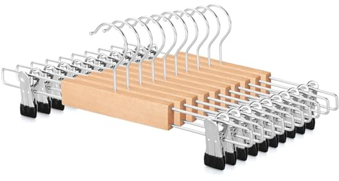 TOPIA HANGER Cintre en Bois avec Pince Antidérapants Réglables,Crochet Pivotant à 360°,Cintres pour Pantalon Pince pour Jeans,Jupes,Chaussettes,Lot de 10-CT44N