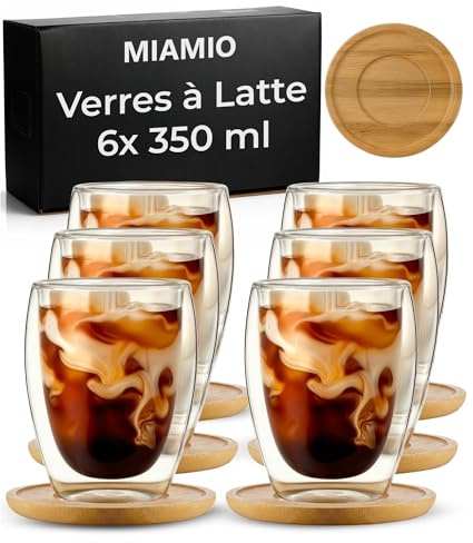 MIAMIO - Set di 6 bicchieri latte macchiato/bicchieri termici a doppia parete/senza manico/con piattino/bicchieri da cappuccino/pareti spesse/in vetro borosilicato (350 ml)