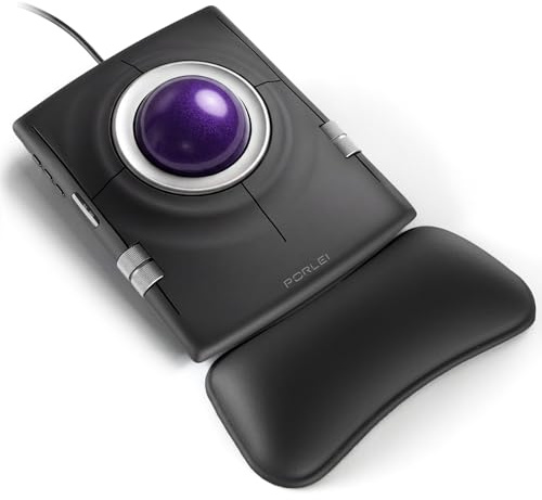 PORLEI Mouse trackball cablato, trackball ergonomico con controllo delle dita con sfera grande da 55 mm, DPI regolabile a 4 livelli, design ambidestro, poggiapolsi incluso, compatibile per PC, laptop