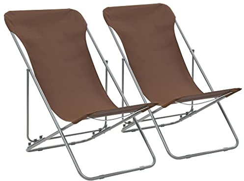 Hoopleep Folding Beach Chairs 2 pcs, Brown Powder-Coated Steel Frame, 600D Oxford Fabric, Reclining Outdoor Patio Loungers for Garden, Camping, and Sunbathing