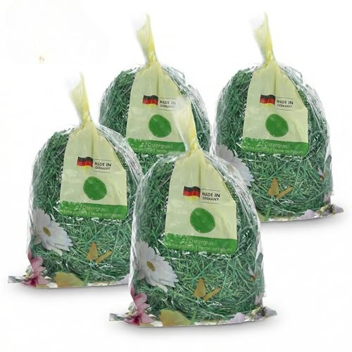 MIJOMA Erba pasquale, 4 x 50 g, verde, lana di legno decorativa in sacchetto di plastica, decorazione pasquale dalla Germania, ideale per nidi, regali, primavera e bricolage