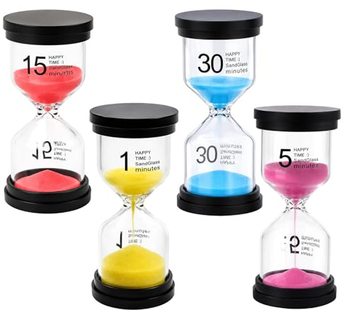 4Pcs Sand Timers for Kids, Hourglass SandTimer Colorful Kids Sandglass | Sand Clock with 1/5/15/30 Minute Time Options, Colorful Hourglass Set for Games, Classroom, Home Office, Cooking