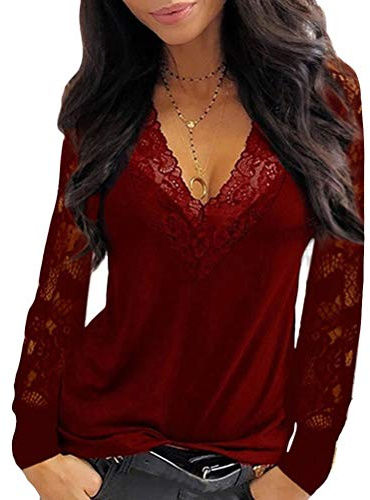 ORANDESIGNE Chemisier Sexy Femme Tunique Haut Manches Longues Évidé Top Automne Blouse Dentelle Chemisier Col V T-Shirt Chic Rouge S