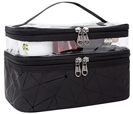 Sminkväska dubbla lager necessär bärbar transparent resa sminkväska stor makeupväska fodral arrangör vattentät tvättväska för män och kvinnor, svart, Stilren