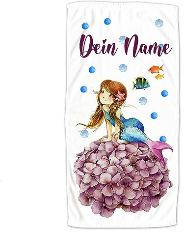 GRAZDesign Kinder Handtuch mit Namen, Meerjungfrau mit Fischen, Badetuch für Mädchen von 2-10 Jahren Strand / 140x70cm