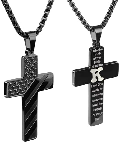REGIS Cross Necklace for Men A-Z, Premium Flag Stainless Steel with 24-Inch Lord's Prayer Pendant(K, black)
