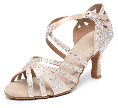 Rosefinch Latinamerikansk dans strass skor mjuk botten modern stång dans balsal dans bröllopsskor 5/7 cm högklackade latinska skor för flickor damer, Beige 7 cm klack, 40 EU