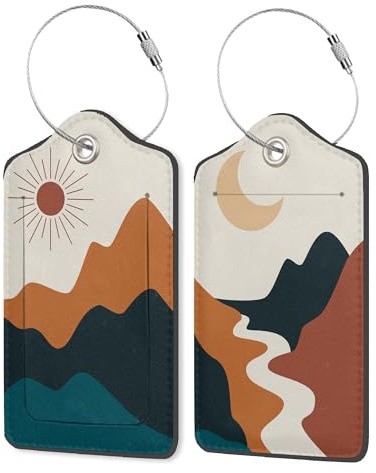Abstract Landscape PU Leather Luggage Tags for Suitcase, Boho Sun Moon Mountains Travel Cruise 2 Pack with Privacy Flap, Name ID Label and Metal Loop for Women Men Girls Baggage Backpack