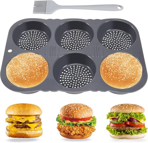 LSFYYDS Moule à Pain Hamburger, Moule pour Burger Bun en Silicone Rond 10 cm Ø - Pour Pain, Pains à Hamburgers et Muffins XXL – incl. Brosse à en Silicone, Outils de Cuisson de Cuisine