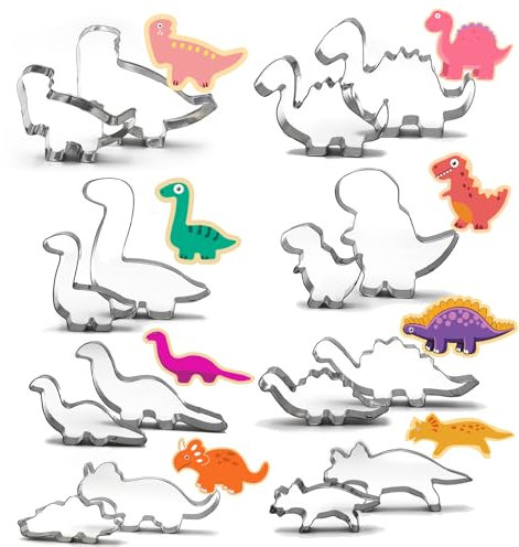 LXBCTOP 16 PCS Dinosaur Cookie Cutter Set, 8 Shapes Dinosaur Sandwich Cutters Set for Kids, Stainless Steel Biscuit Cutters, DIY Biscuit Cutters for Kitchen Baking with Soft Silcone Edge