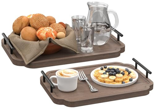 Yawinhe Plateau de Service avec Poignées, pour Petit Déjeuner, en Bois, pour Table Basse, Cuisine Décoration, 2 Plateaux de Tailles Différentes, 40x30x2cm, 35x25x2cm, Couleur Noyer