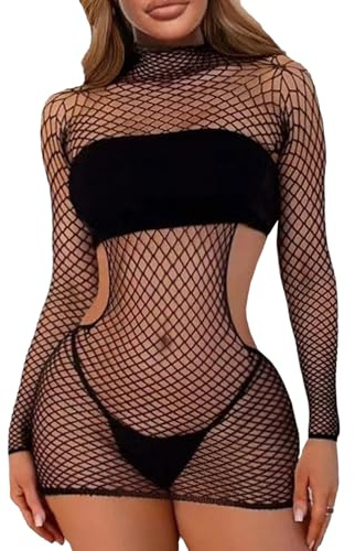 Leypafy Vestido de Rejilla Lencería para Mujer Camisón Ajustado de Malla Clubwear Mini Babydoll Sexy(Noir,Lyq)