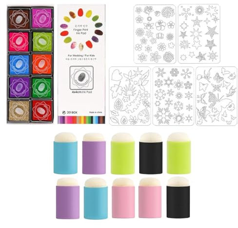 Peintures au Doigt | Kit Peinture au Doigt en éponge avec pochoirs | Tampons éponge à Doigts avec Tampon encreur 20 Couleurs, 5 pochoirs et 10 éponges à Peindre | Outils Dessin Artisanal Bricolage