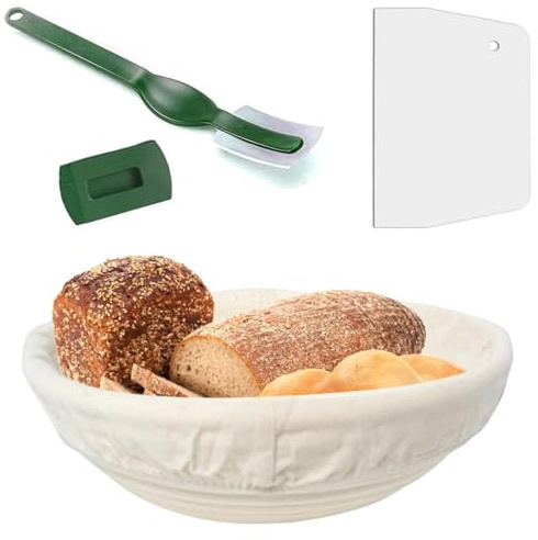 Bangbobi Rund jäsningskorg set ø 25 cm, höjd 8,5 cm – handgjord jäsningskorg för bakning av bröd med linneinsats, degskrapa, brödkniv