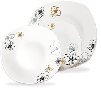 Wintem Set Piatti 18 Pezzi Quadrati in Porcellana – Servizio Tavola con Decorazione Floreale Narciso – Piatti Bianchi Moderni per 6 Persone