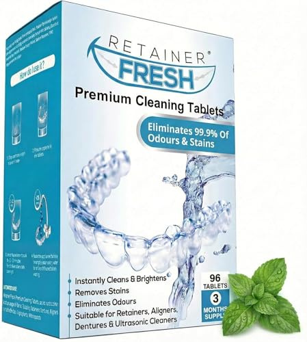 Retainer Fresh Retainer Cleaner Tablets - Retainer Cleaning, Mouthguard Cleaner, Denture Cleaning, Aligner Cleaner, Brite Retainer Tablets - 96 Tablets 3 Month