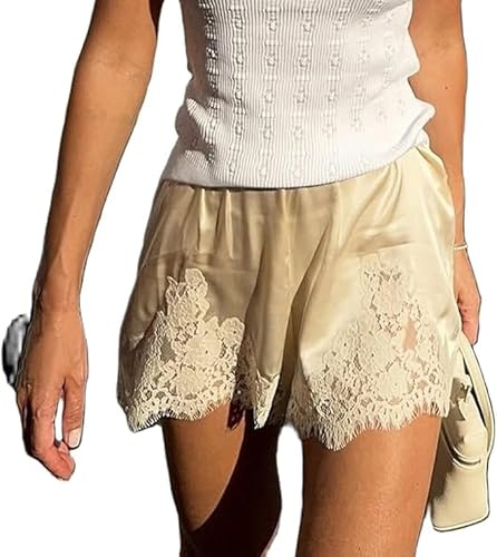 Women Satin Micro Shorts Lace Trim Low Rise Pajama Mini Bottoms Half Slip Sleepwear Sleeping Y2k Silk Lounge Sleep Coquette Pj Boxer Pettipants Pants Cute Teen Girl French Knicker (3 Champagne, S)