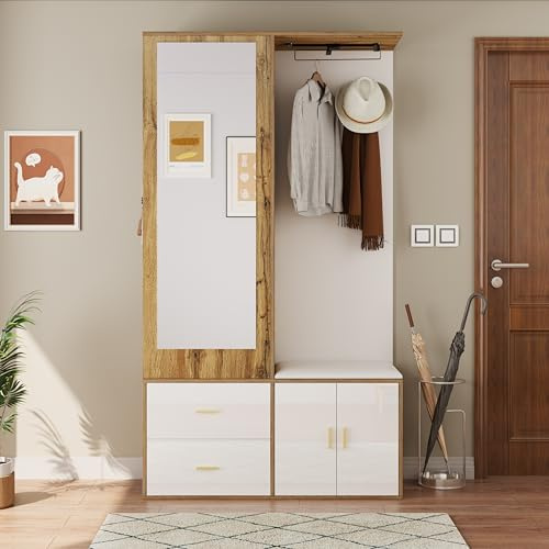 SACOOL Set appendiabiti in bianco e legno con specchio, scarpiera con gancio, asta appendiabiti allungabile