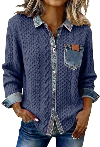 Camisas con botones para mujer, estilo casual, cuello de solapa, estampado texturizado, blusa de mezclilla con retazos, casual, ligera, chaqueta de mezclilla vintage con costuras de bloque de color