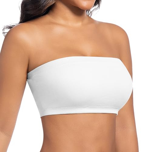ONEW Bandeau Bra for Women Seamless Non-Wired Strapless Bra Breathable Bandeau Top with Removable Convertible Straps White L