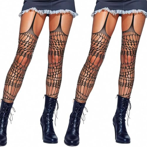 Voyoo 2 Pack Strappato Collant Elastico Gotico Fishnets Rave Fishnet Leggings Strappato Calze per Le Donne Nero