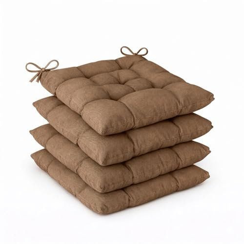 Meteorwi Home – Pack de 4 Cojines para Silla – 40 x 40 x 5 cm, con Cintas de Sujeción y Relleno Firme, Uso Interior y Exterior. (Marrón, Pack 4-40x40x5cm)