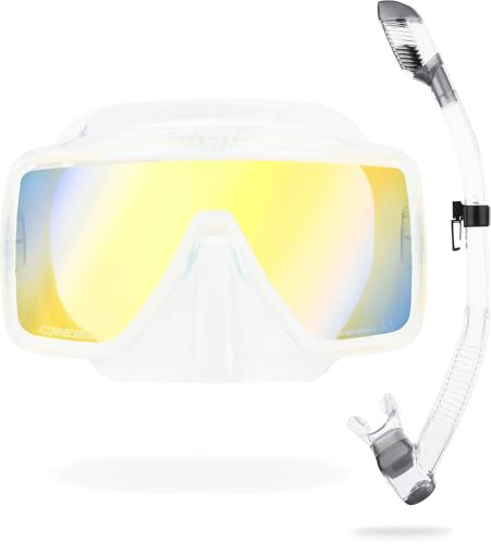 Cressi dal 1946 SF1 & Dry Combo Set, Maschera Quadrata Frameless con Lente temperata + Snorkel Dry, Ideale per apnea e Snorkeling, Unisex, Trasparente/Trasparente/Lente Gialla/Blu UV380, One Size