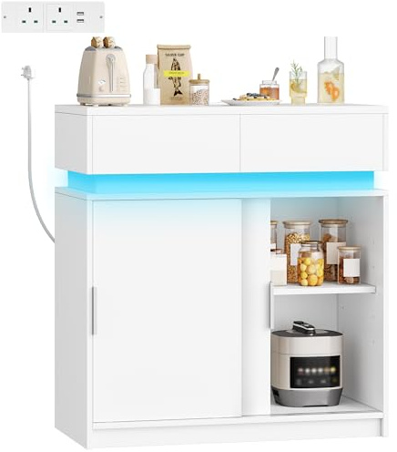 Hzuaneri Sideboard with Power Outlet, 2 Sliding Doors & 2 Drawers, White | Buffet Storage Cabinet with Adjustable Shelf, Kitchen Cupboard for Living, Dining Room, 40 x 80 x 85 cm, SC00203XUK