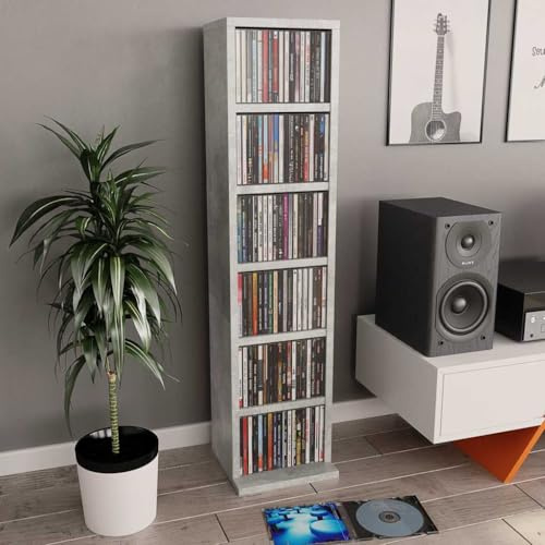 Kaloriko Armoire à CD en bois gris béton 21 x 20 x 88 cm avec 6 compartiments ouverts, étagère pour CD, DVD et médias, espace de rangement pour salon, chambre à coucher, bureau et home cinéma