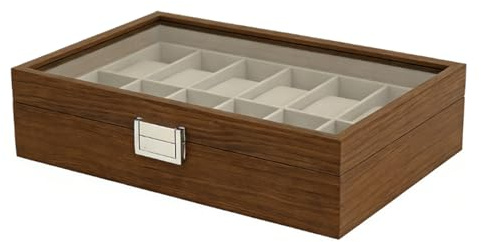 AMONIDA Klocklåda, MDF-skiva och Klockarrangör Av Glas, Klockfodral med Glastopp och Lås, Idealisk för Mekaniska Klockor och Kvartsklockor, Heminredning och Presenter (12 Slot)