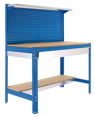 Simon Rack Banco de Trabajo Taller, Capacidad Carga 600 kg, 1445x1210x610 mm, Mesa de Trabajo, 1 Cajón, Azul/Madera - BT3