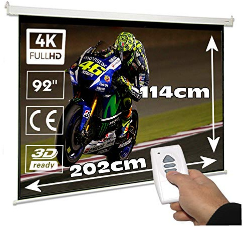 Pantalla de proyeccion electrica 92 para proyector, cajetin de Acero Lacado en Blanco, Pantalla para proyector motorizada con Mando inalambrico, Compatible con HD, 1080p, 4K (92 Pulgadas 16:9)