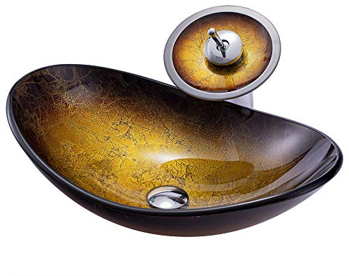 HomeLava Lavabo de cristal Hecho de vidrio templado Lavabo sobre encimera para baño con grifo de cascada Forma ovalado (Amarillo)