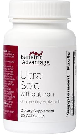 Bariatric Advantage Ultra Solo Without Iron - Once-Per-Day Daily Multivitamin - for Bariatric Patients - with Thiamin, Vitamin A & More - Gluten Free - 30 Capsules