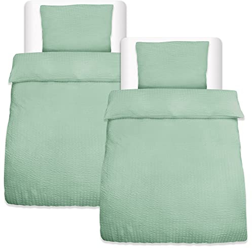 Beautissu 4tlg Seersucker Bettwäsche 135x200 cm Sommer & Kopfkissen Bezug 80x80 cm – Bügelfrei Bettwäsche-Sets Bettbezug Sommerbettwäsche 135x200 – Hautfreundlich Bettwaren & Bettwäsche Grün – Meline
